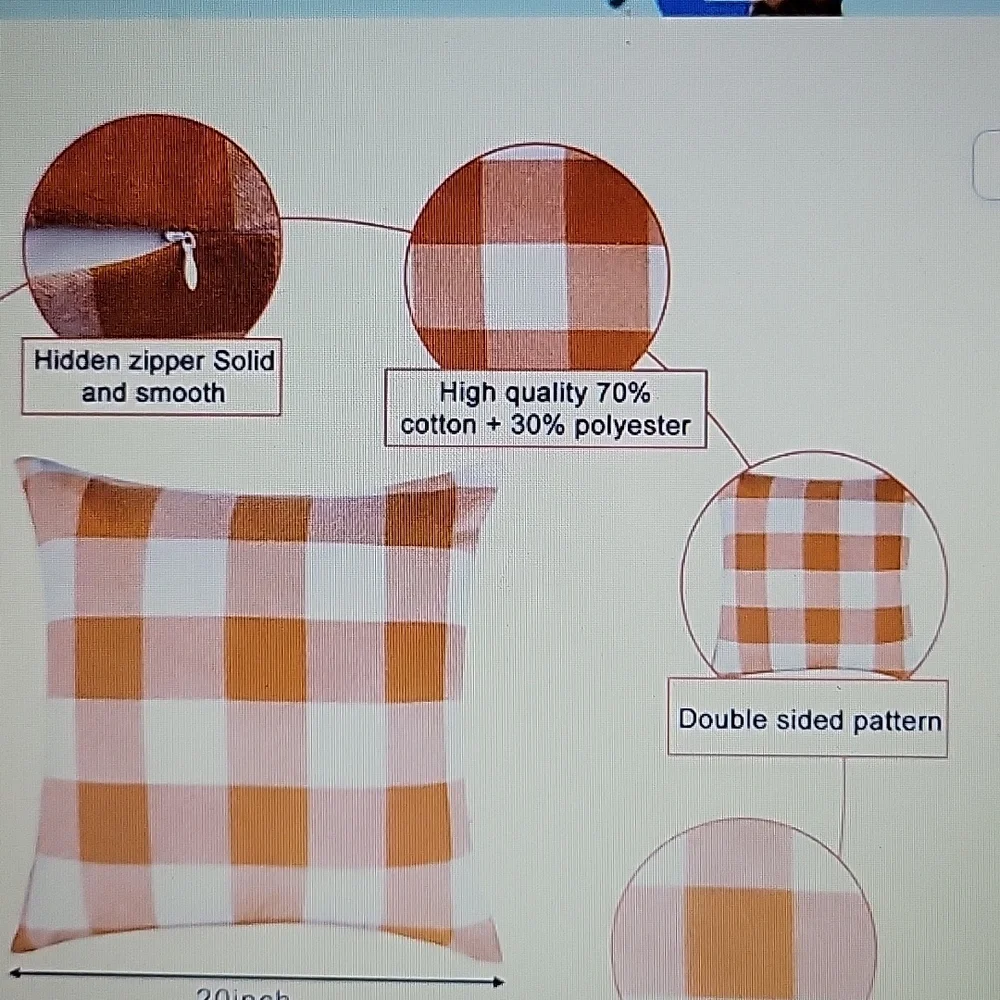 Set Of 2 orange & white Buffalo check pillow covers 16 x 16 inch linen New …